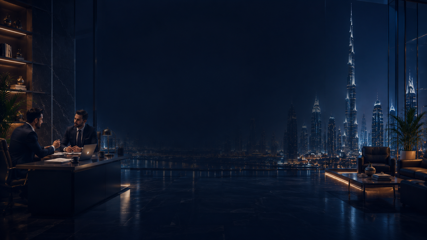 Business consultants at a Dubai office desk with Burj Khalifa skyline view, representing a complete business ecosystem