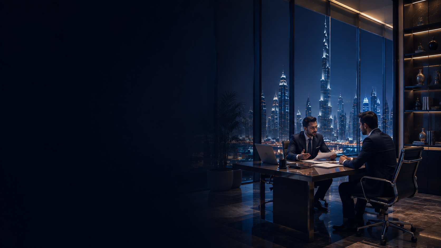 Madaar PRO consultants advising a client in a Dubai office with Burj Khalifa skyline view